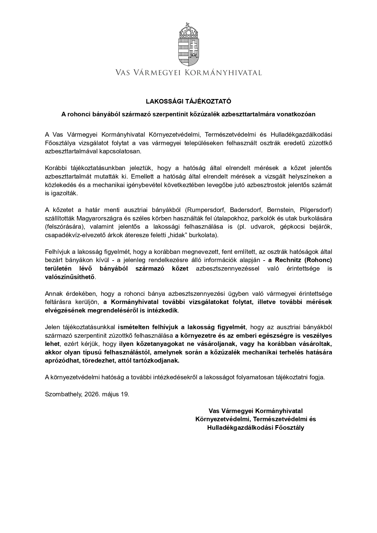 Lakossági tájékoztatás